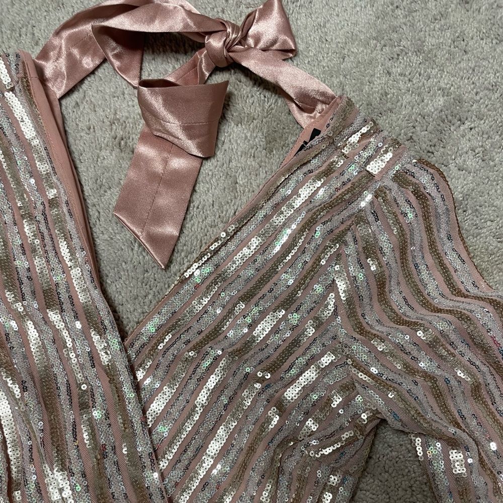 Blush and silver sequined body suit